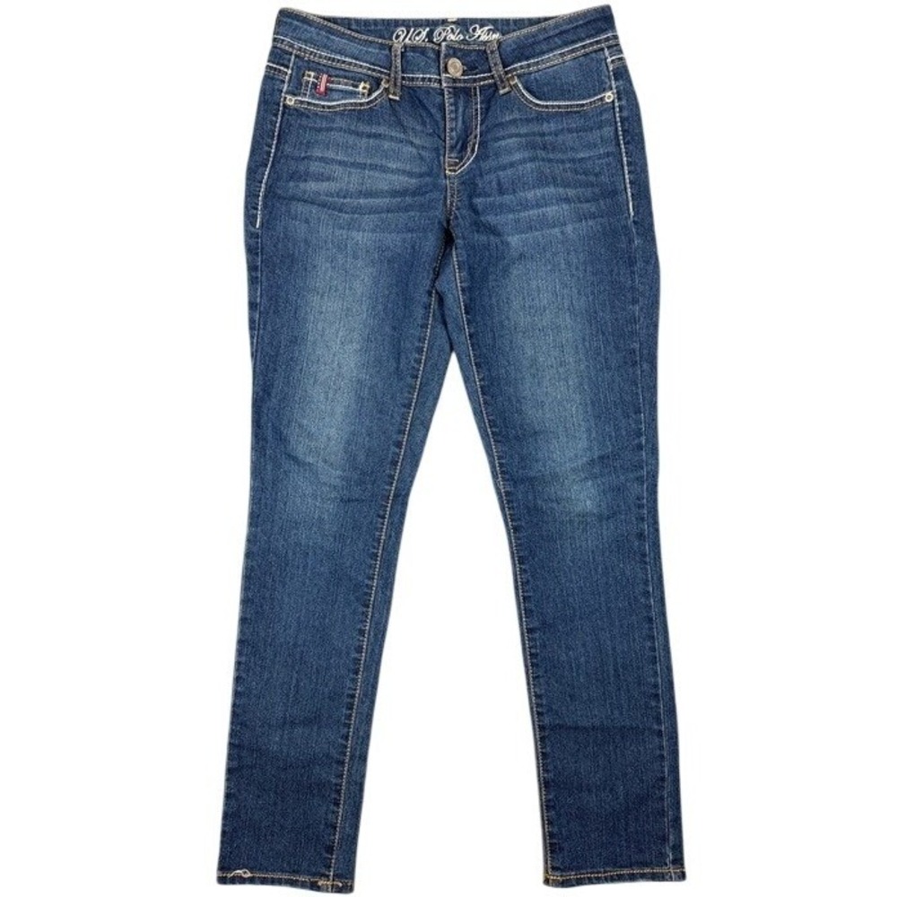 US Polo Assn Womens Skinny Jeans Blue Denim Embroidered Size 3/4 Short 21-29388G